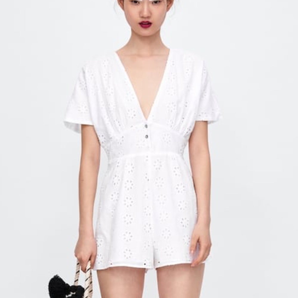 ZARA XS OPENWORK EMBROIDERY JUMPSUIT White